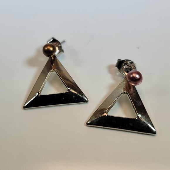 Geometric Silver Triangle Earrings with Pink and Gold Pearls, Modern Minimalist - Picture 4 of 10